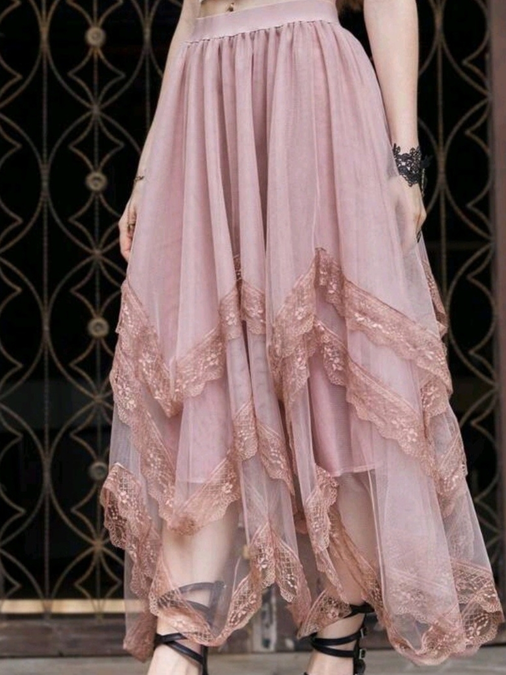 Pink Lace Skirt with Ruffled Tiers and Lace Trim